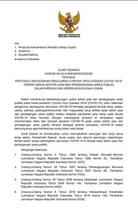 Surat Edaran Nomor HK.02.01/MENKES/335/2020 Tentang Protokol Pencegahan Penularan Corona Virus Disease (Covid-19) di Tempat Kerja Sektor Jasa dan Perdagangan (Area Publik) Dalam Mendukung Keberlangsungan Usaha