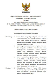 Keputusan Menteri Kesehatan Republik Indonesia Nomor HK. 01.07/MENKES/383/2020 Tentang Protokol Kesehatan Bagi Masyarakat di Tempat dan Fasilitas Umum Dalam Rangka Pencegahan dan Pengendalian Corona Virus Disease (Covid-19)