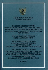 PMK 196/PMK.05/2008 Tentang Tata Cara Penyusunan dan Penyajian Laporan Keuangan Belanja Subsidi dan Belanja Lainnya Pada Bagian Anggaran Pembiayaaan dan Perhitungan, PMK 40PMK.05/2009 Tentang Sistem Akuntansi Hibah, PMK 201/PMK.06/2010 Tentang Kualitas Piutang kementerian Negara/ Lembaga dan bentuk Piutang Penyisihan Piutang Tidak Tertagih, PMK 255/PMK.05/2010 Tentang Tata Cara Pengesahan Realisasi Pendapatan dan Belanja Yang Bersumber Dari Hibah Luar Negeri/ Dalam Negeri yang Diterima Langsung Oleh Kementerian Negara/ Lembaga Dalam Bentuk Uang
