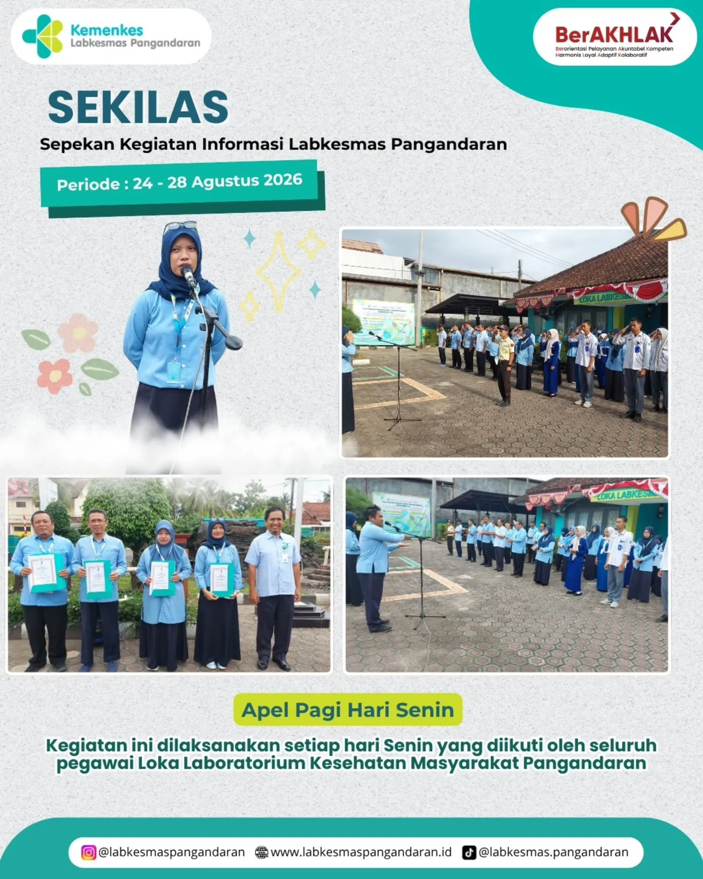 SEKILAS (Sepekan Kegiatan Informasi Labkesmas Pangandaran) Periode 24 - 28 Agustus 2026

Halo Sahabat Loka 👋 🥳 

SEKILAS pekan ini merangkum berbagai kegiatan dan aktivitas yang telah dilaksanakan di Loka Labkesmas Pangandaran selama satu pekan penuh aktivitas 😌🔥

Setiap kegiatan menjadi bagian dari langkah bersama dalam meningkatkan kualitas pelayanan dan memberikan manfaat bagi masyarakat. 💙

Sampai jumpa di SEKILAS pekan berikutnya! 👋🏻

#sekilasllkmpnd #labkesmaspangandaran #rekapkegiatan #kemenkesri