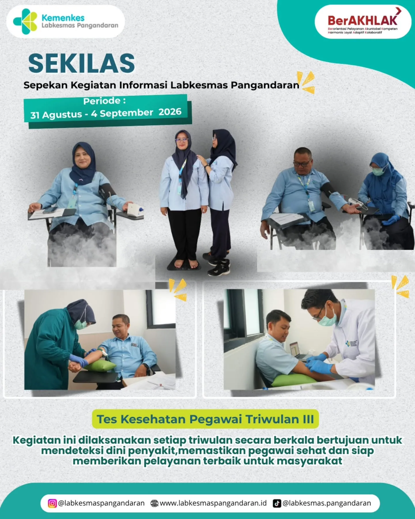 SEKILAS | Periode 31 Agustus - 4 September 2026

Hallo Sahabat Loka 👋 🥳 

Yuk, intip berbagai kegiatan di Loka Labkesmas Pangandaran selama sepekan terakhir di Bulan Agustus 2026 dan pekan pertama di bulan September 2026, kegiatan dimulai dari koordinasi, monitoring, evaluasi bulanan,  hingga pemeriksaan kesehatan pegawai. 

Semua dilakukan untuk mendukung peningkatan mutu dan kualitas pelayanan. 💙

Sampai jumpa di SEKILAS pekan berikutnya 👋🏻🫶

#sekilasllkmpnd #labkesmaspangandaran #rekapkegiatan #kemenkes