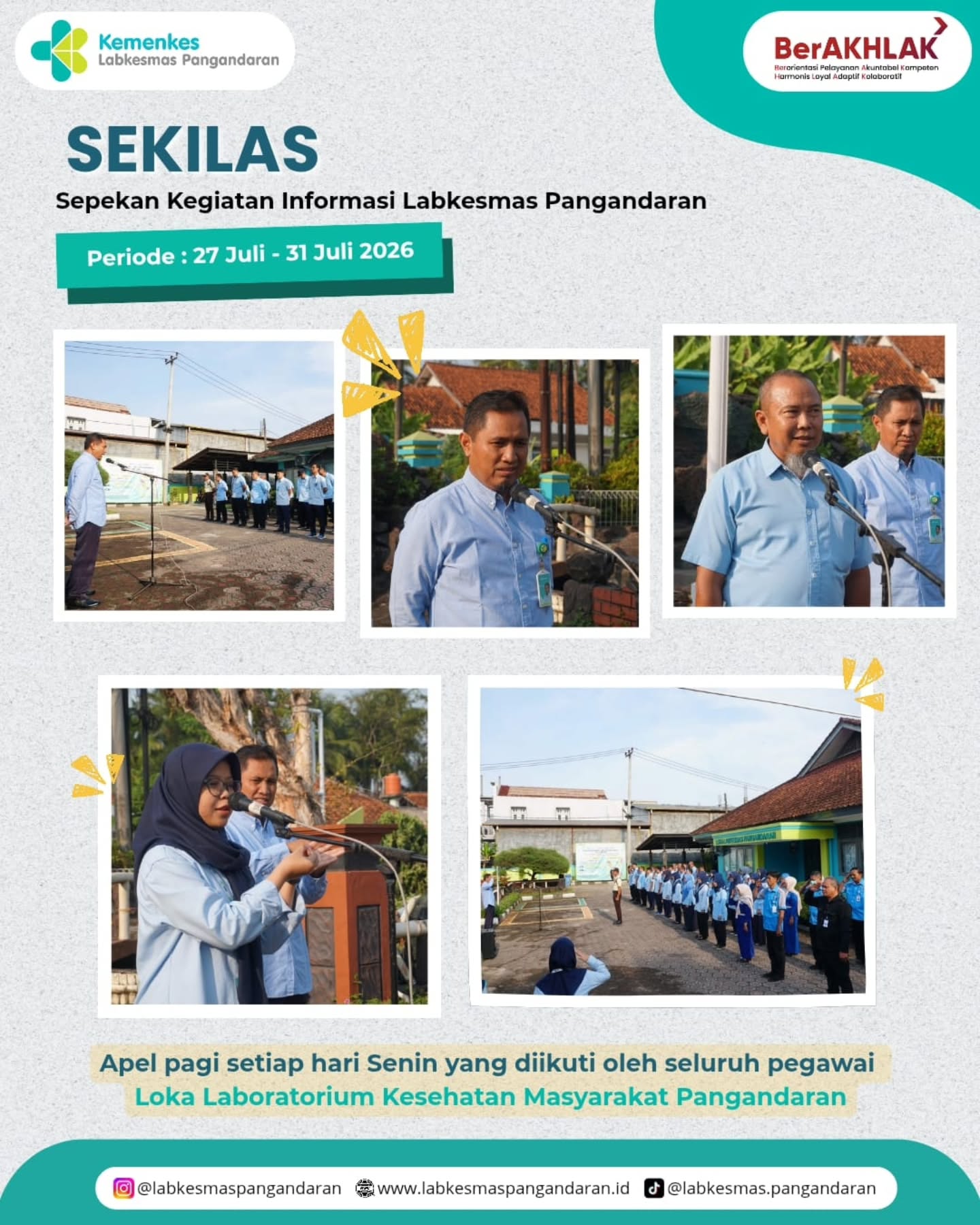 Hallo Sahabat Loka! 👋🥳 

Tak terasa, kita telah sampai di pekan terakhir bulan Juli. Selama sepekan ini, Loka Labkesmas Pangandaran terus melaksanakan berbagai kegiatan sebagai wujud komitmen dalam mendukung pelayanan kesehatan masyarakat.

Mari kita lihat kembali momen dan aktivitas yang telah kami laksanakan selama periode 27–31 Juli 2026 dalam SEKILAS🤩🥳

#labkesmaspangandaran
#healthies
#rekapkegiatan
#sekilasllkmpnd
#satupekan